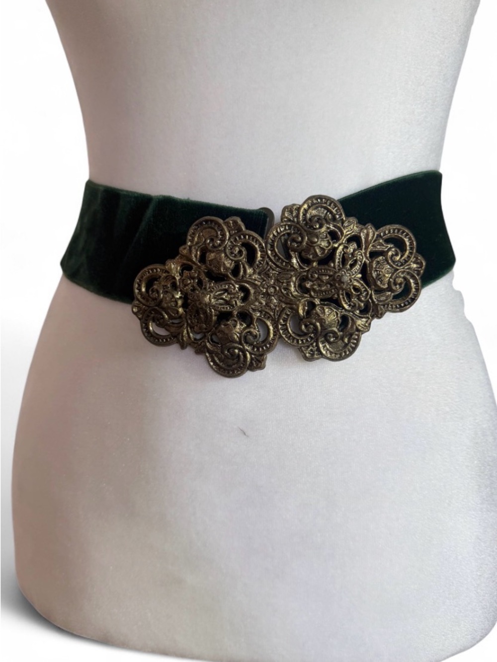 Dark Green Velvet Wide Waist Belt Ornate Antique Brass Filigree Buckle